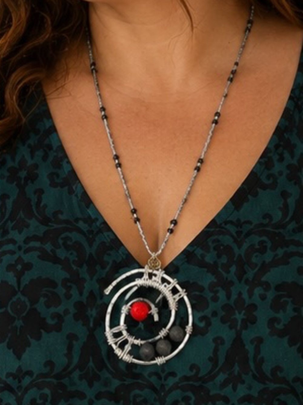 Handmade Necklace Cinnabar Lava Stone Aluminum Wirework Boho Witchy